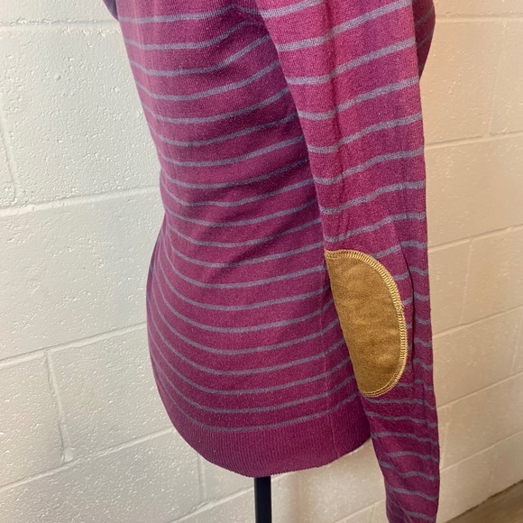 Rubbish Nordstrom Purple Plum Sweater with Gray Stripes & Brown Elbow Patches - Picture 4 of 11